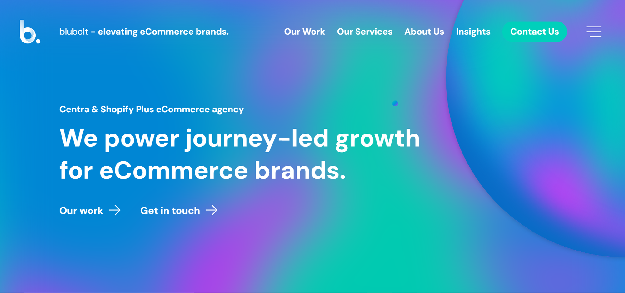 Website homepage with a gradient background, the text reads: "We power journey-led growth for eCommerce brands." Navigation links are visible.