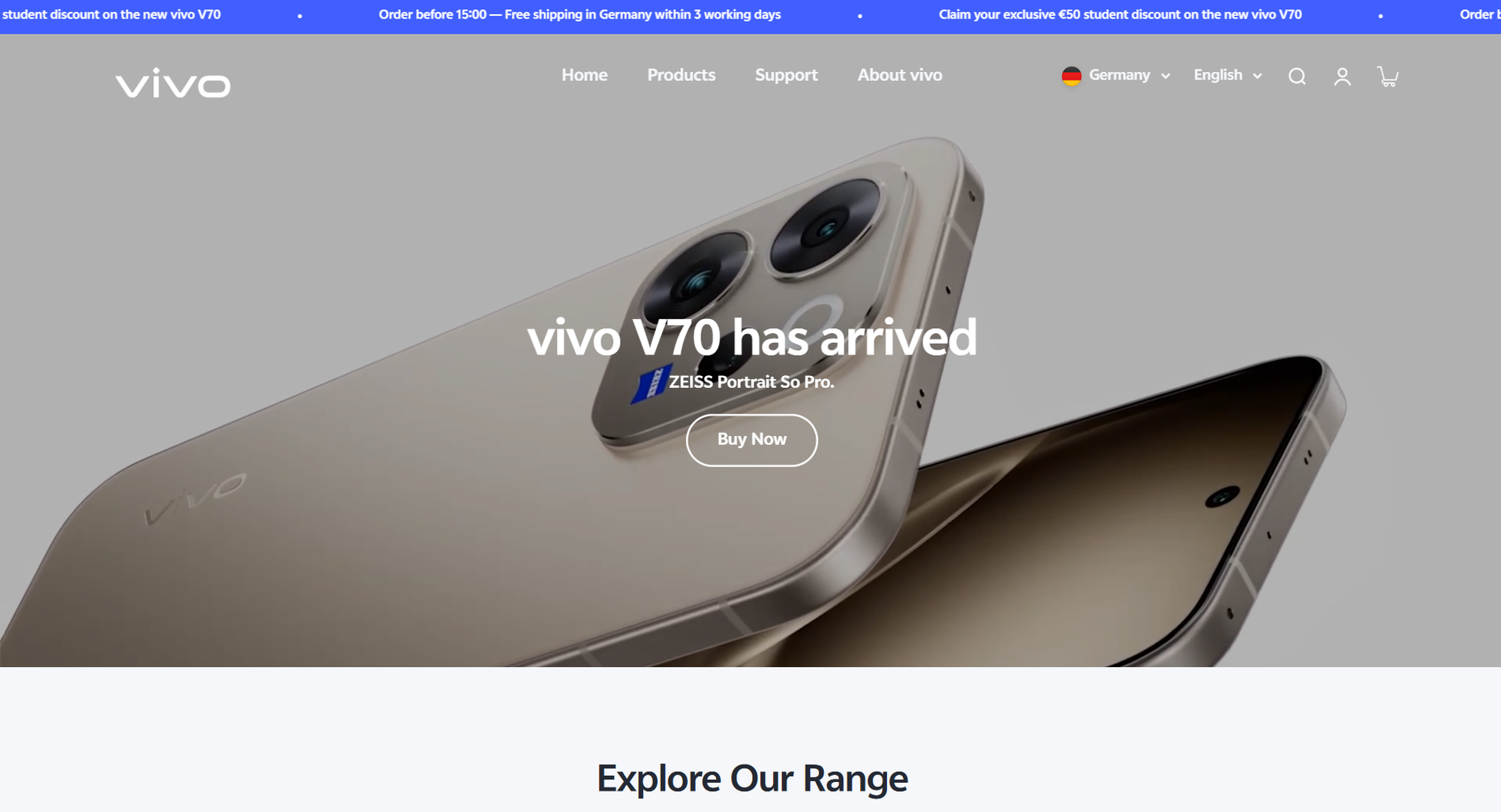 Website showcasing the Vivo V70 with dual cameras, a "Buy Now" button, and navigation links in the header.