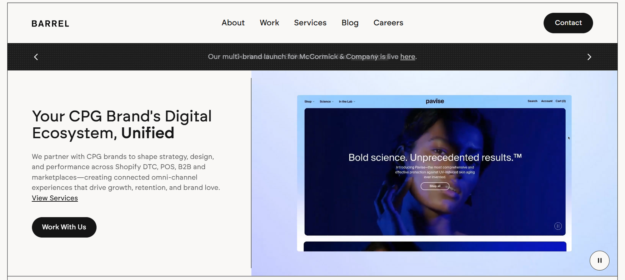 Website homepage featuring navigation links and a central image of a woman with text overlay "Bold science. Unprecedented results."