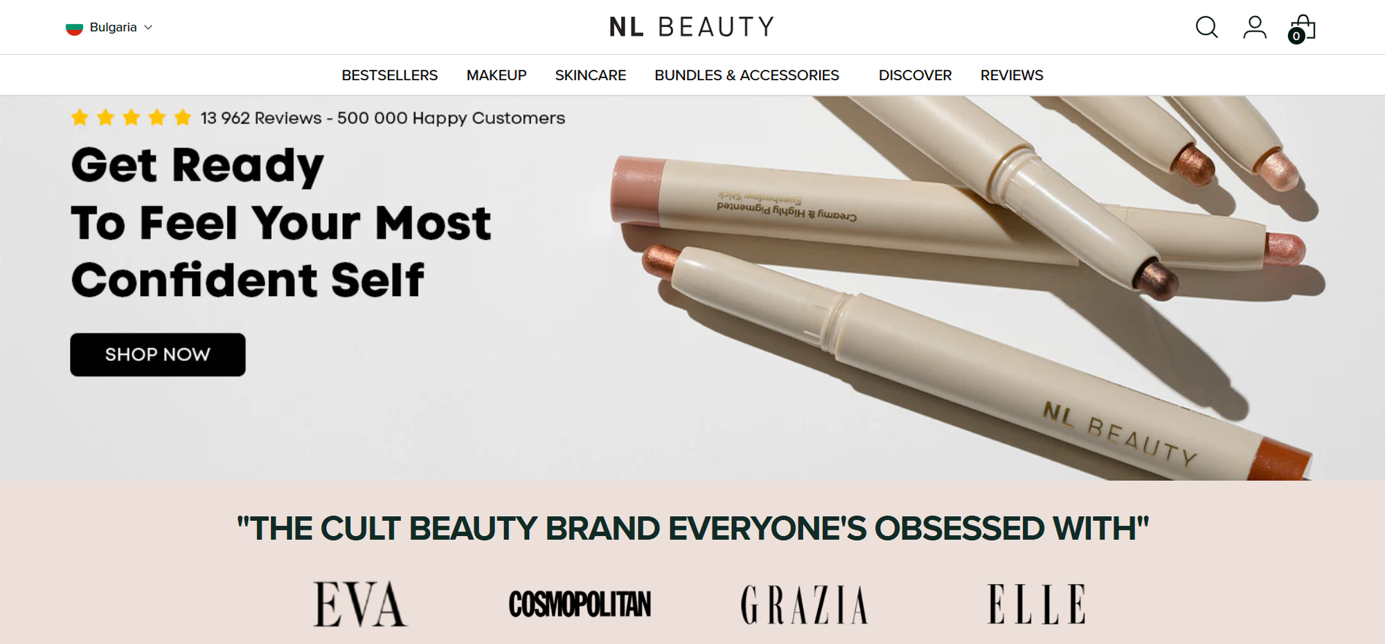Assorted NL Beauty lip products displayed on a white background with text praising the brand. Logos of magazines like Eva and Cosmopolitan featured.