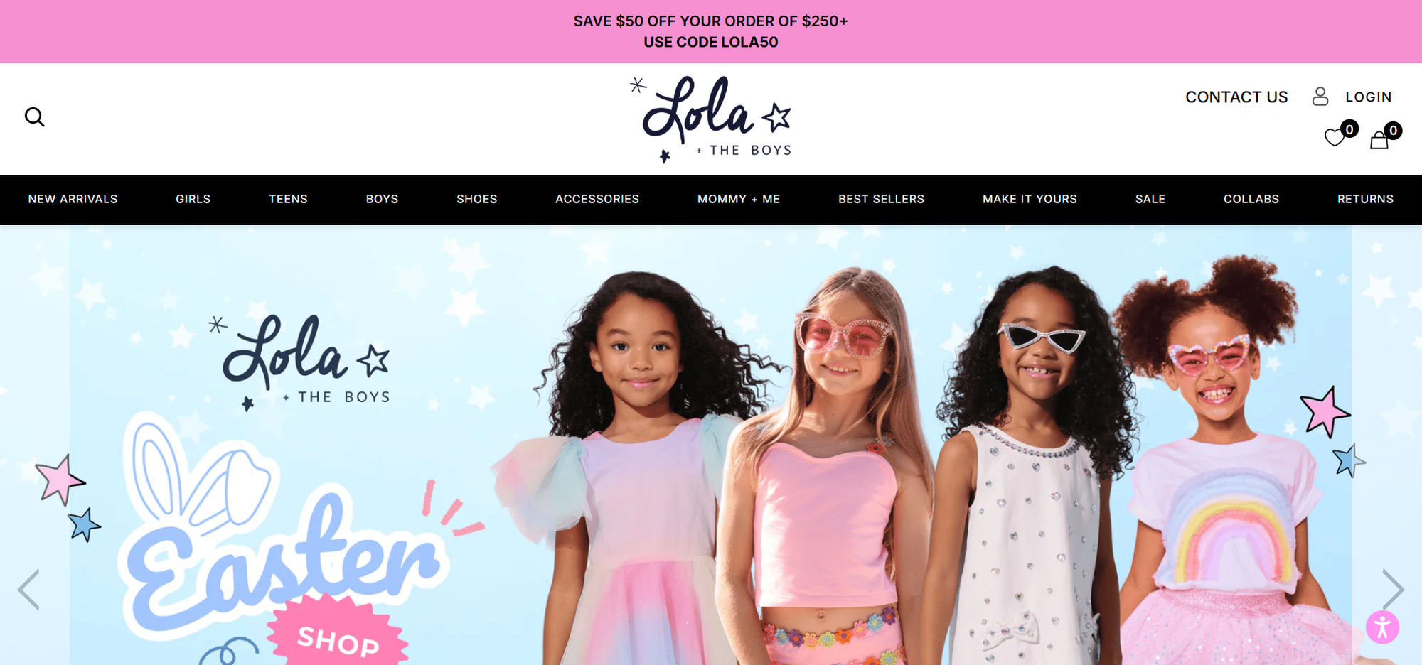 Four young girls in colorful outfits stand smiling. The text promotes a $50 discount for orders over $250 with the code LOLA50.