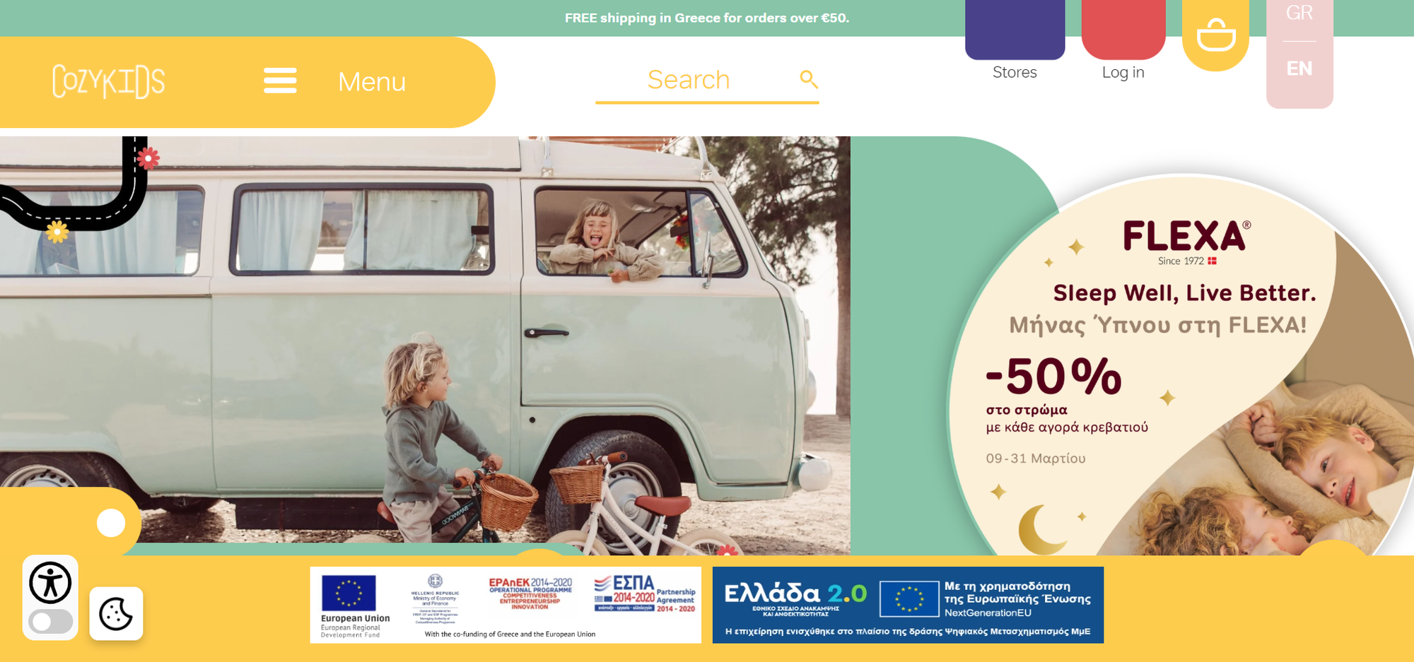 A vintage van with a girl handing a basket to a boy. A promotion for mattresses offers a 50% discount. Cozy ambiance with playful icons.