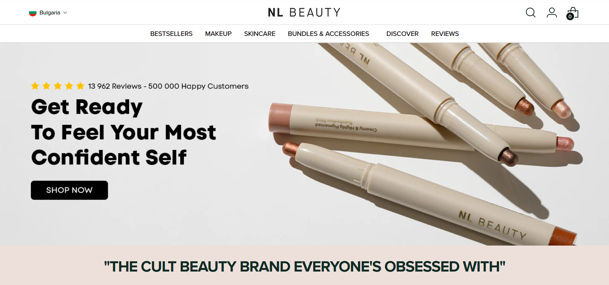 NL Beauty homepage featuring makeup products, a confident self slogan, and a "Shop Now" button. Includes 13,942 reviews and 500,000 happy customers.