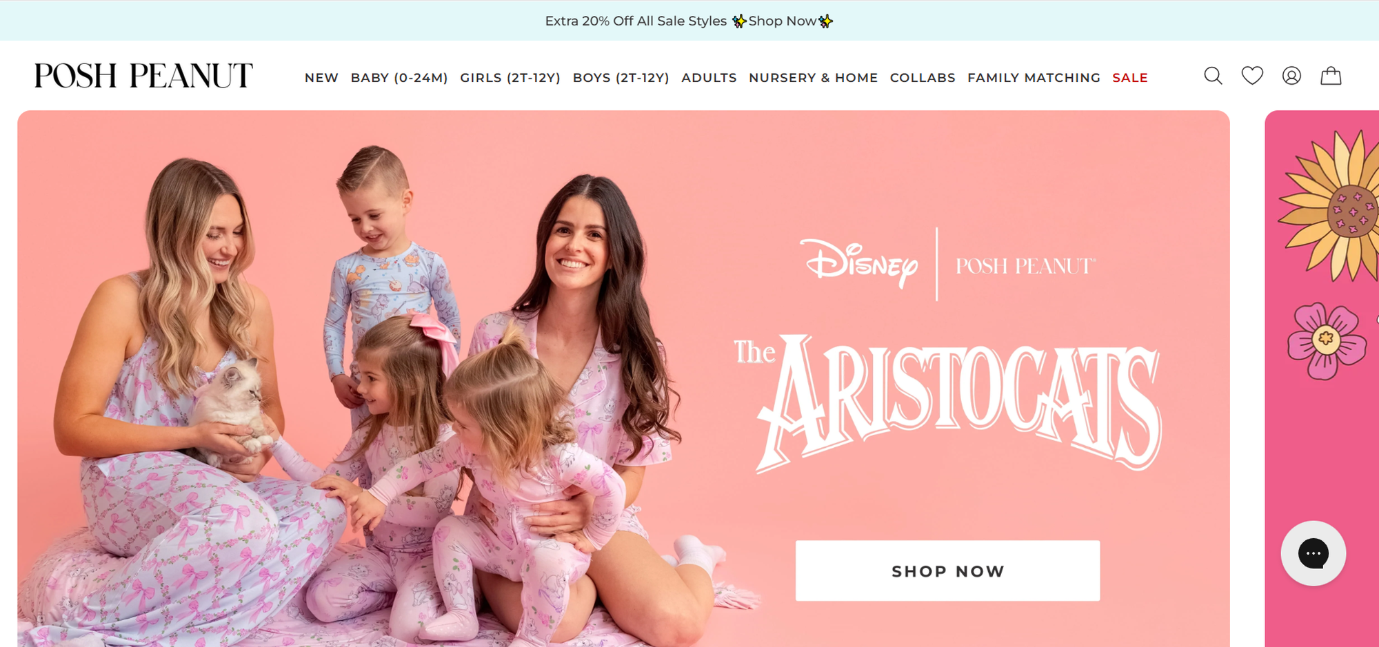 A family in matching pastel Aristocats pajamas sits with a rabbit. Text reads "Disney Posh Peanut The Aristocats."