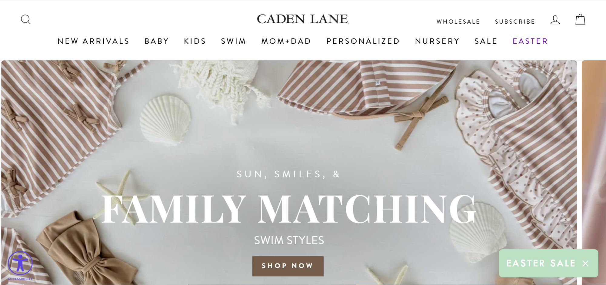 Beach-themed arrangement with striped swimwear, shells, and starfish. Text: "Sun, Smiles, & Family Matching Swim Styles."