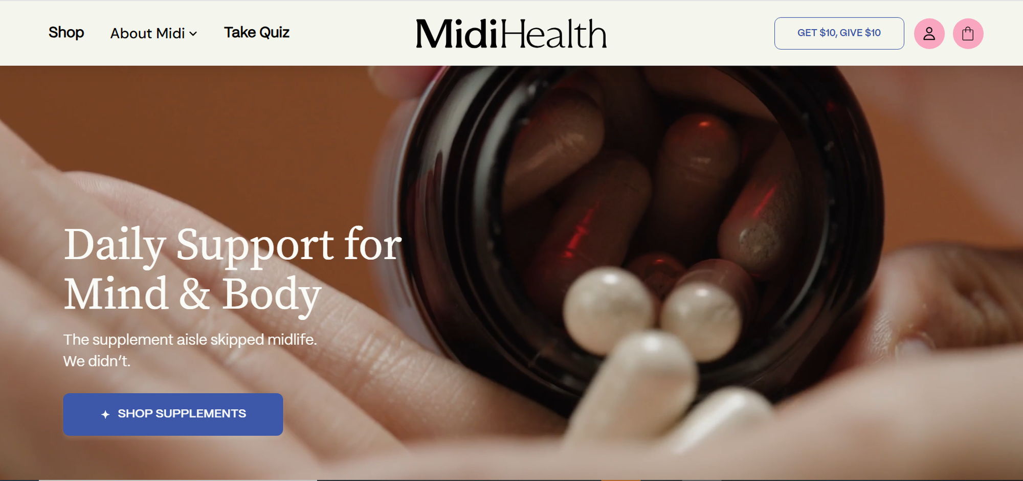 Close-up of hands pouring supplements from a bottle. Text reads: "Daily Support for Mind & Body." Navigation links and "Shop Supplements" button visible.