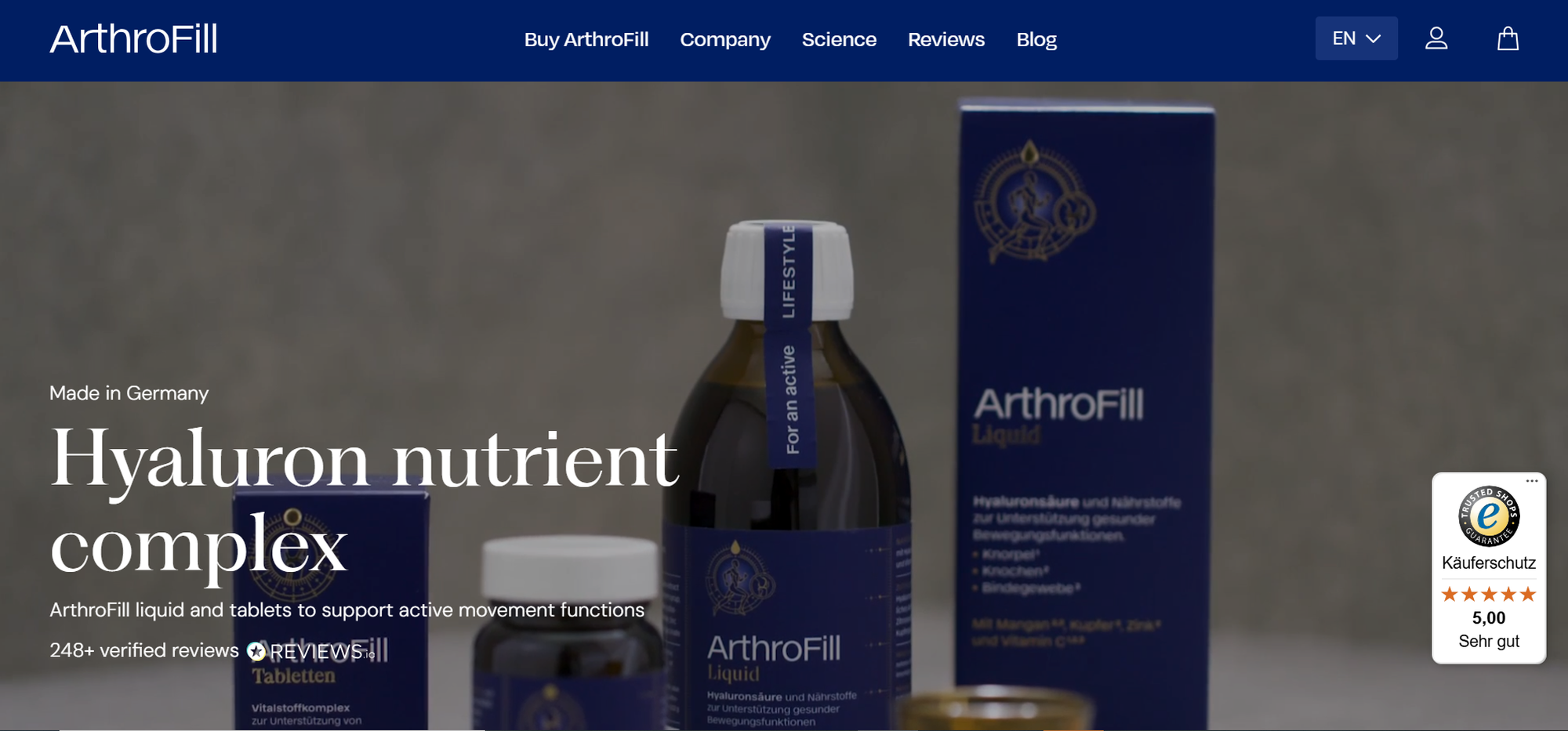 ArthroFill hyaluron nutrient complex products, including liquid and tablets, with blue packaging on display. German-made with positive reviews.