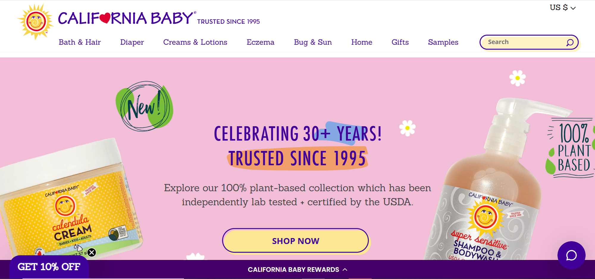 Website homepage for "California Baby" featuring creams and lotions. Highlights "Celebrating 30+ Years" and promotes USDA-certified plant-based products.