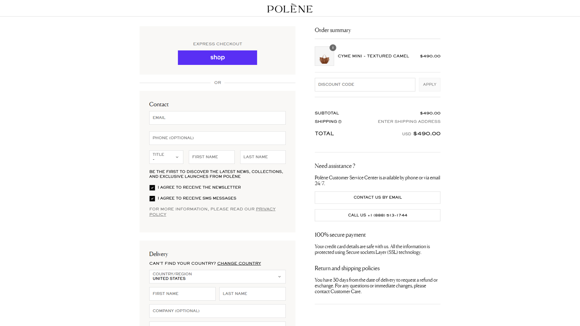 checkout page with shop pay