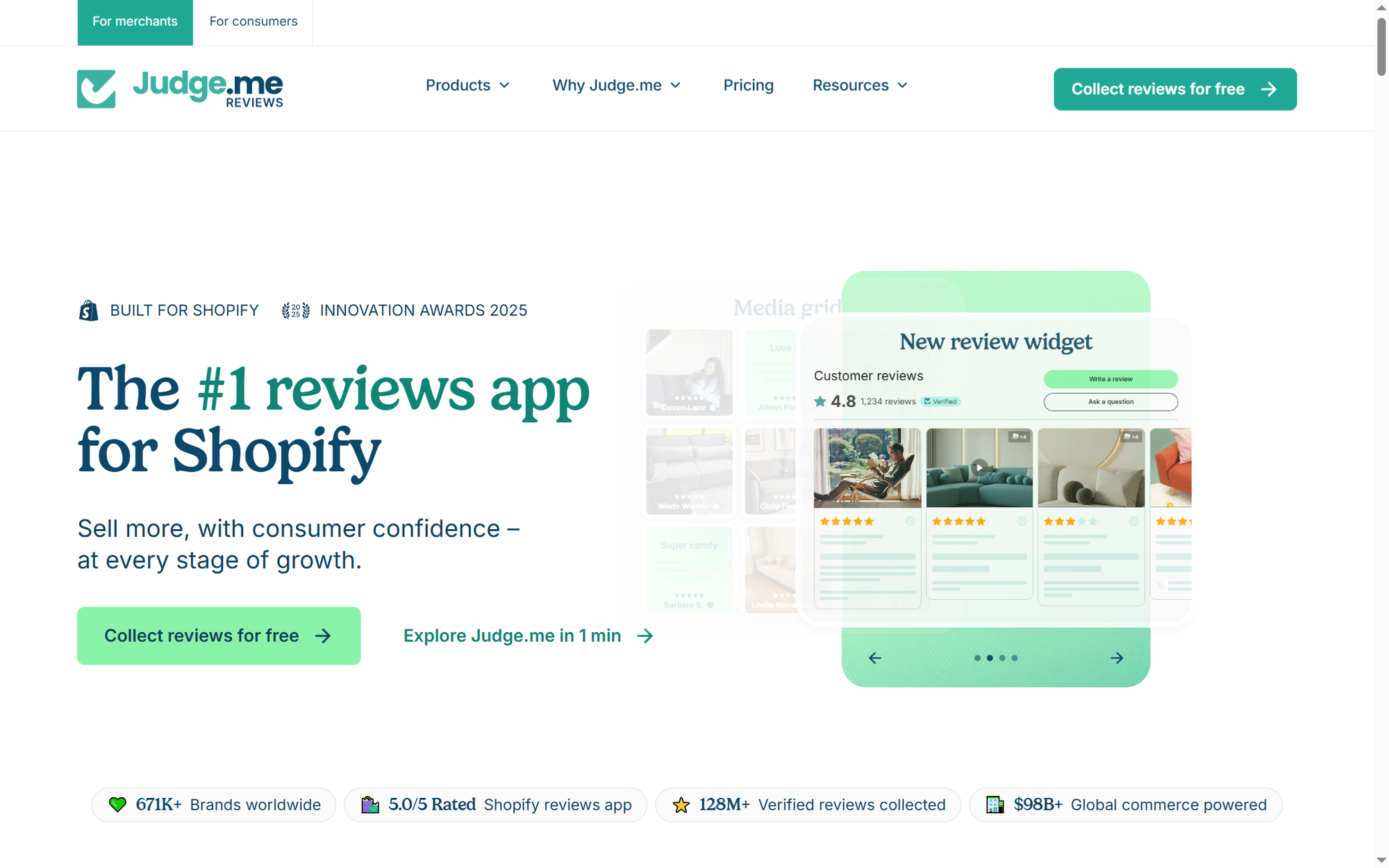 Judge.me Reviews app homepage for Shopify, highlighting its features, awards, and customer trust with review widget and growth statistics.