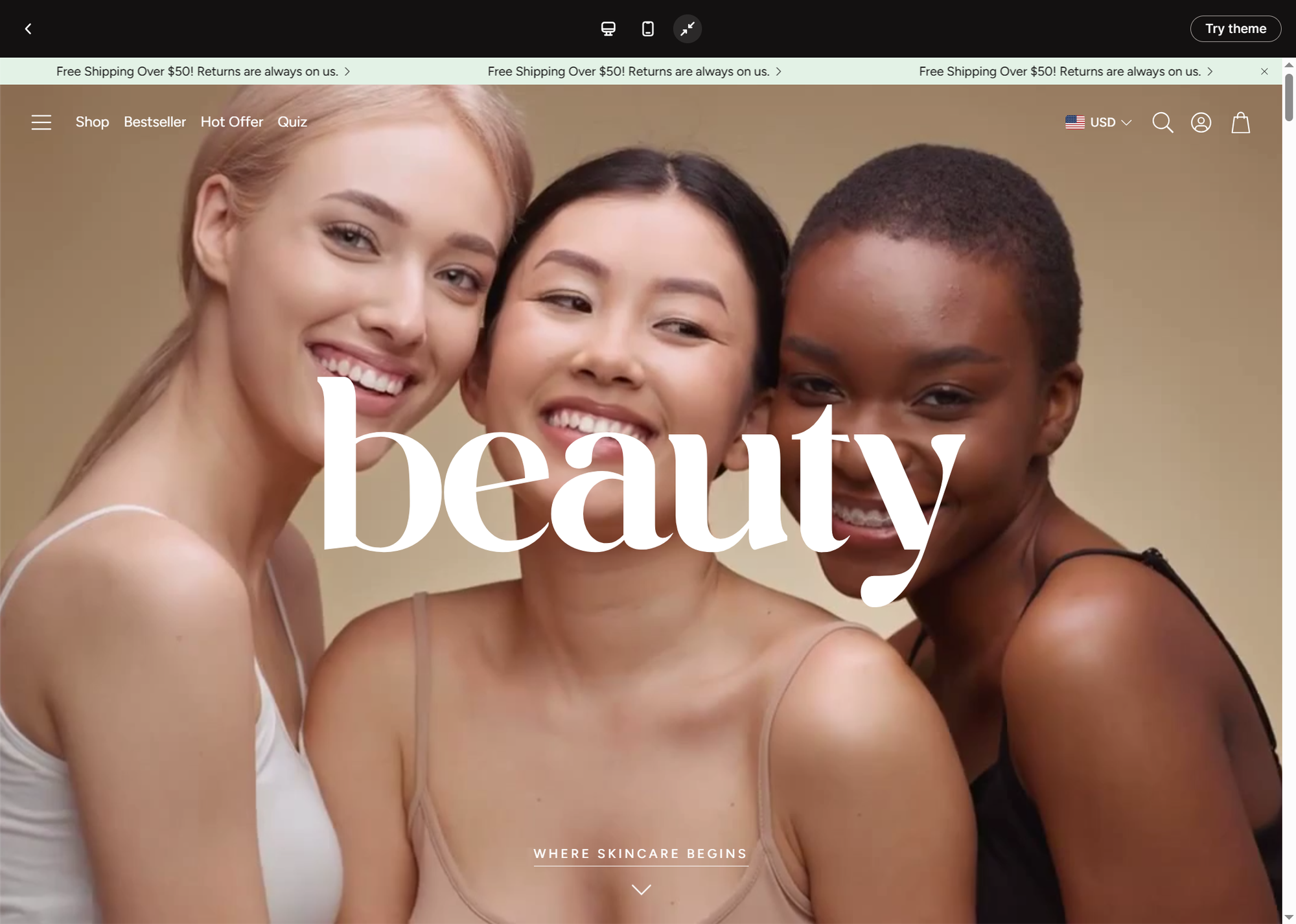 Three women smiling, standing close, wearing neutral-toned tops. The word "beauty" overlays the image, promoting skincare.