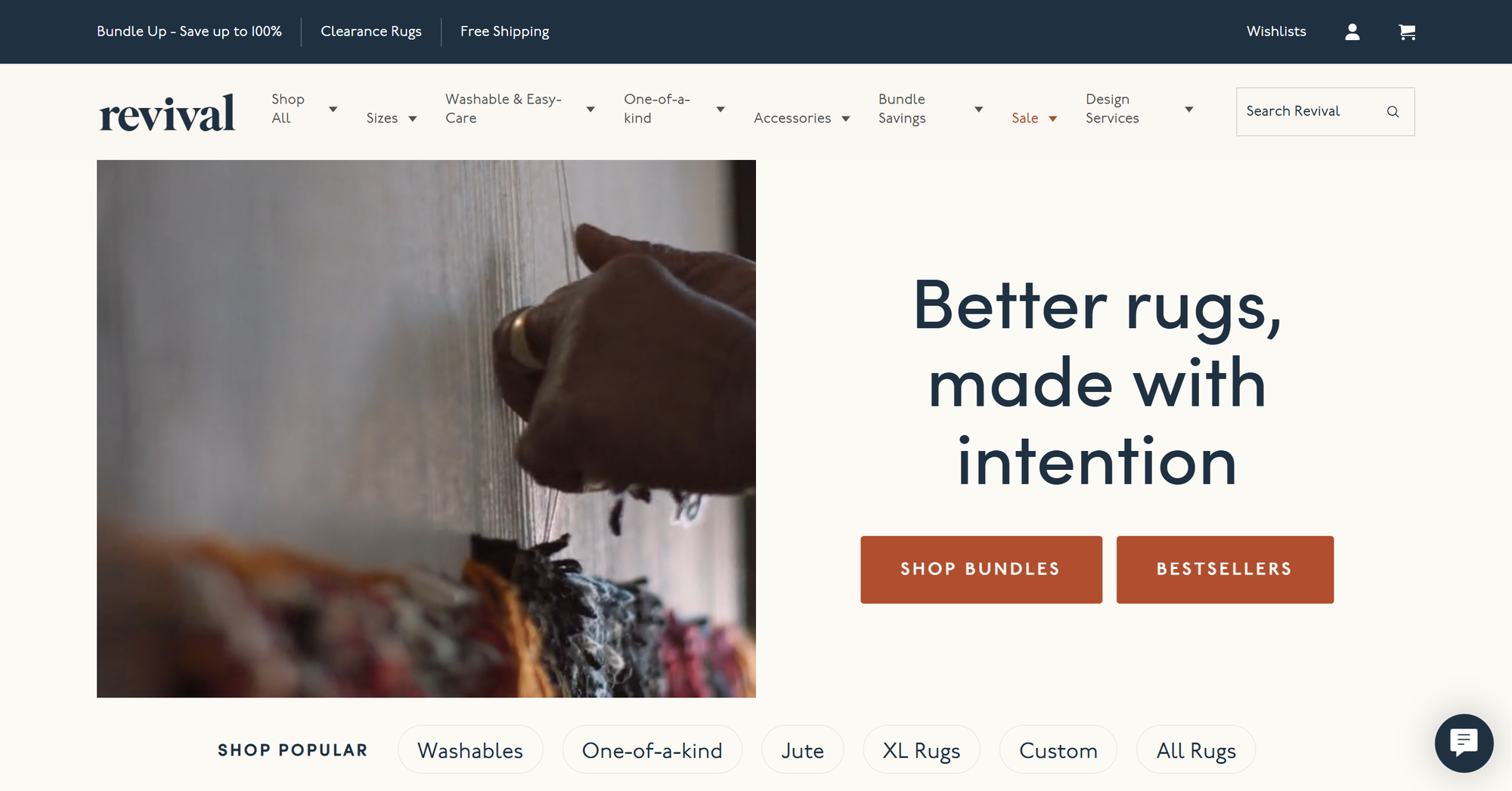 Close-up of hands weaving a colorful rug. Text reads, "Better rugs, made with intention." Options to shop bundles and bestsellers.