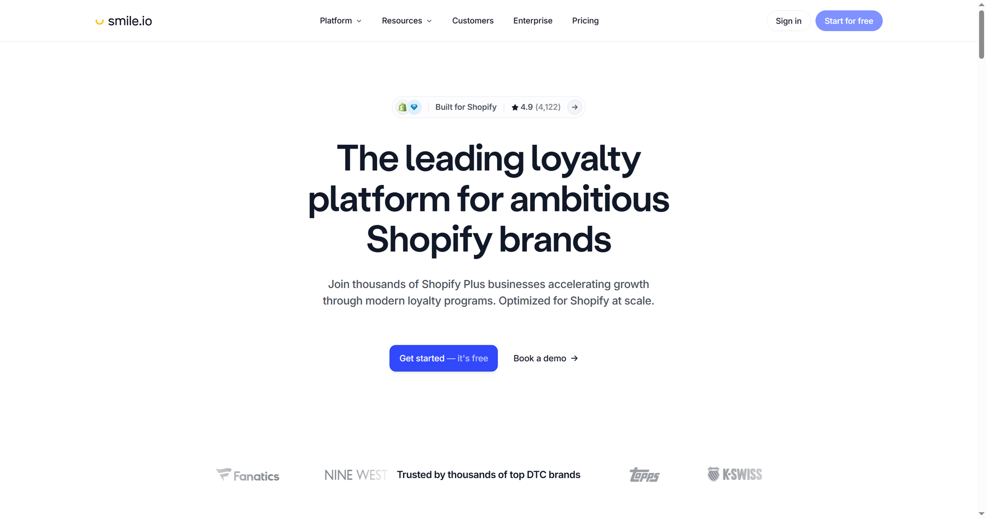 Smile.io website promoting a loyalty platform for Shopify brands with links to start for free or book a demo. Logos of trusted brands shown below.