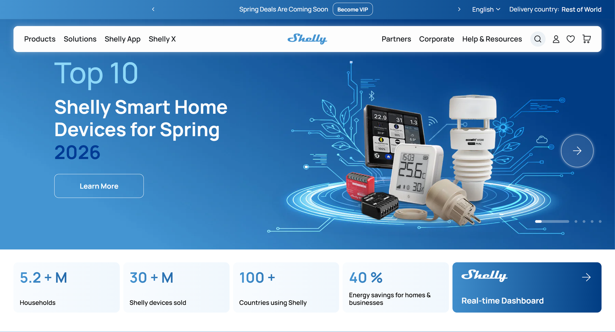 "Promotional banner for 'Top 10 Shelly Smart Home Devices for Spring 2026' with various devices displayed against a blue tech-themed background."