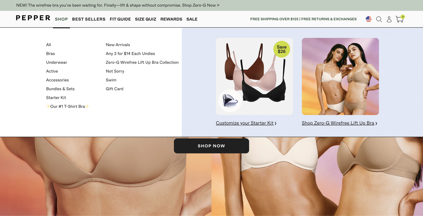 A Shopify Plus rebuild and priority support for one of the fastest-growing bra companies - Pepper. Navigation