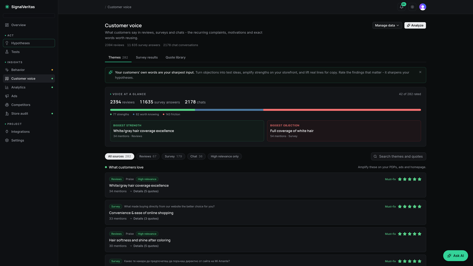 Dashboard displaying customer feedback analysis, including reviews, survey answers, and chat conversations, highlighting strengths and objections.