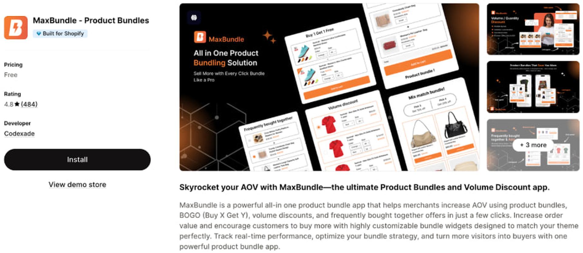 Screenshot of the MaxBundle app page on Shopify, featuring product bundling and discount examples, customer reviews, and installation option.