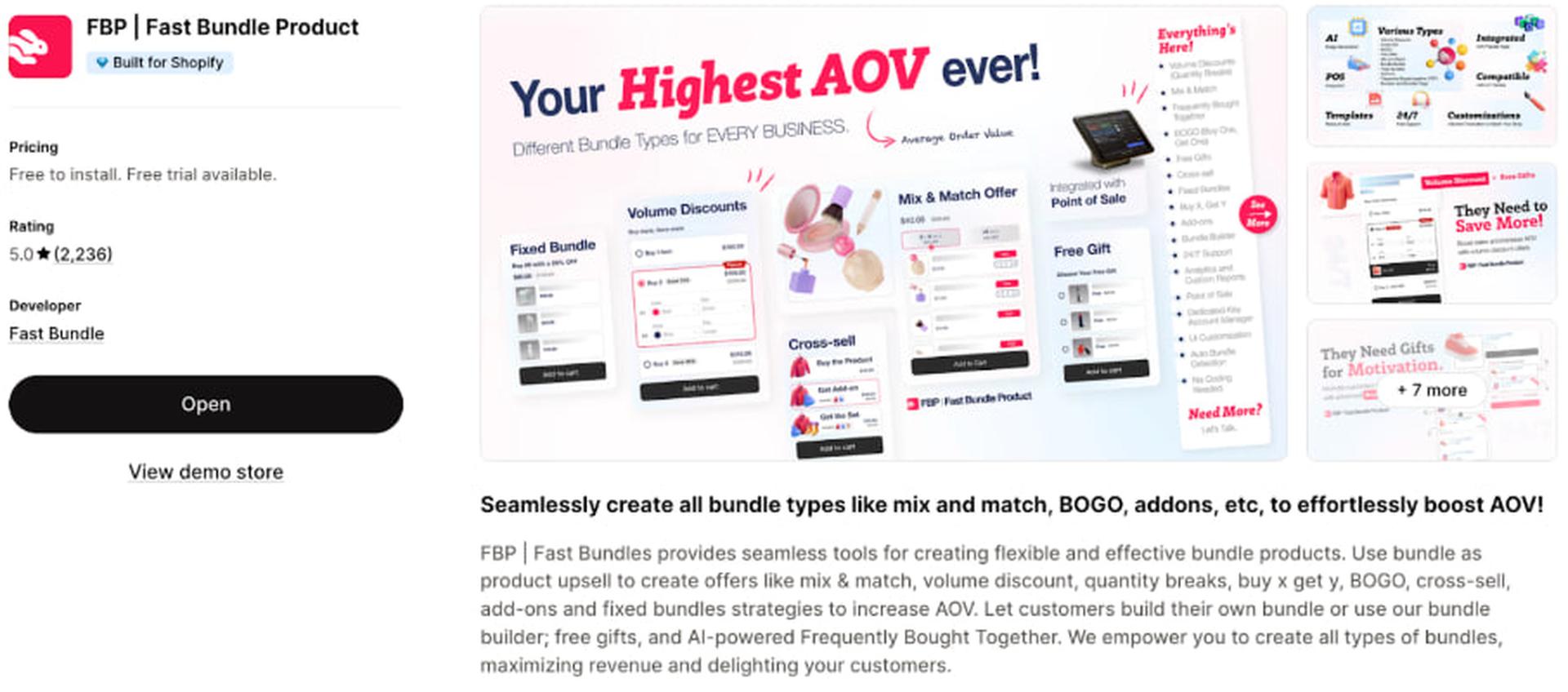 Product page for FBP | Fast Bundle Product, featuring tools for creating flexible bundles on Shopify, with text and graphics showcasing bundle types and benefits.