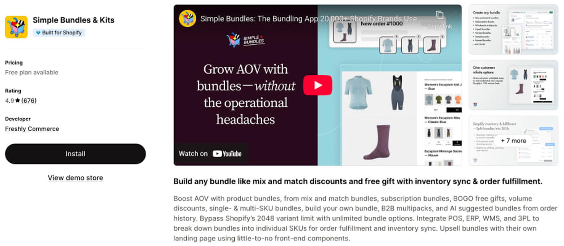 Screenshot of a Shopify app listing for "Simple Bundles & Kits," showing app features, ratings, and an installation button.