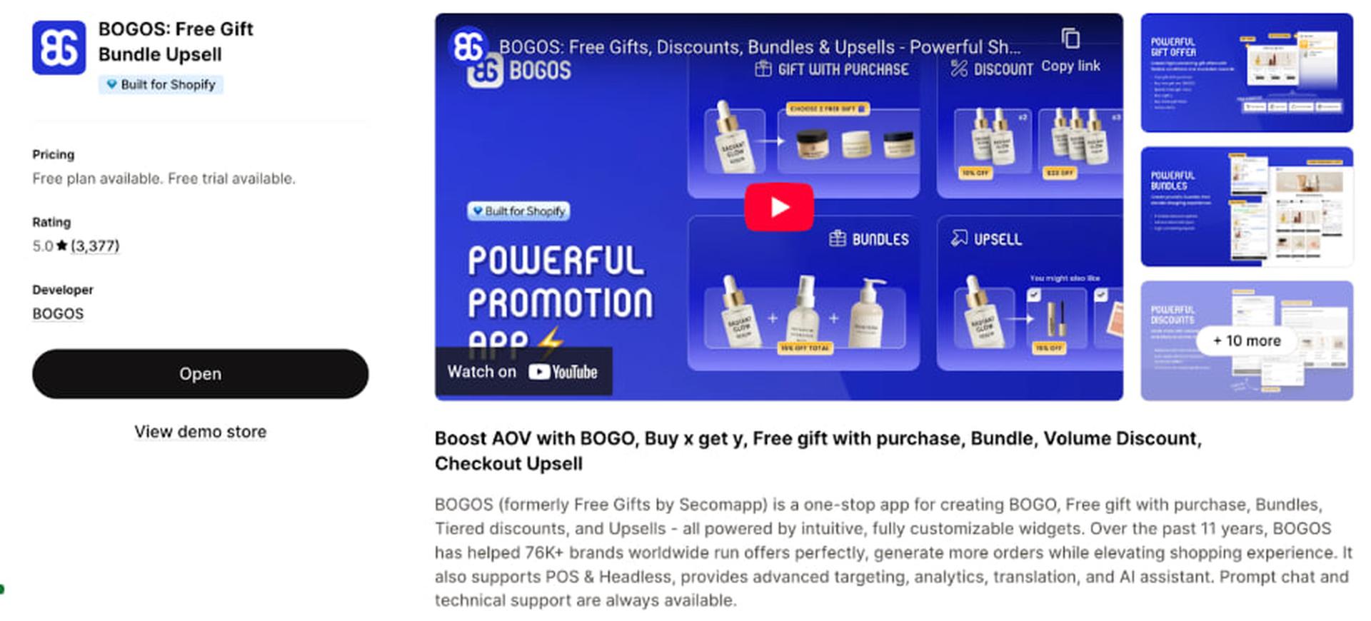 Screenshot of a promotional page for "BOGOS: Free Gift Bundle Upsell" app, highlighting features and positive reviews for Shopify users.