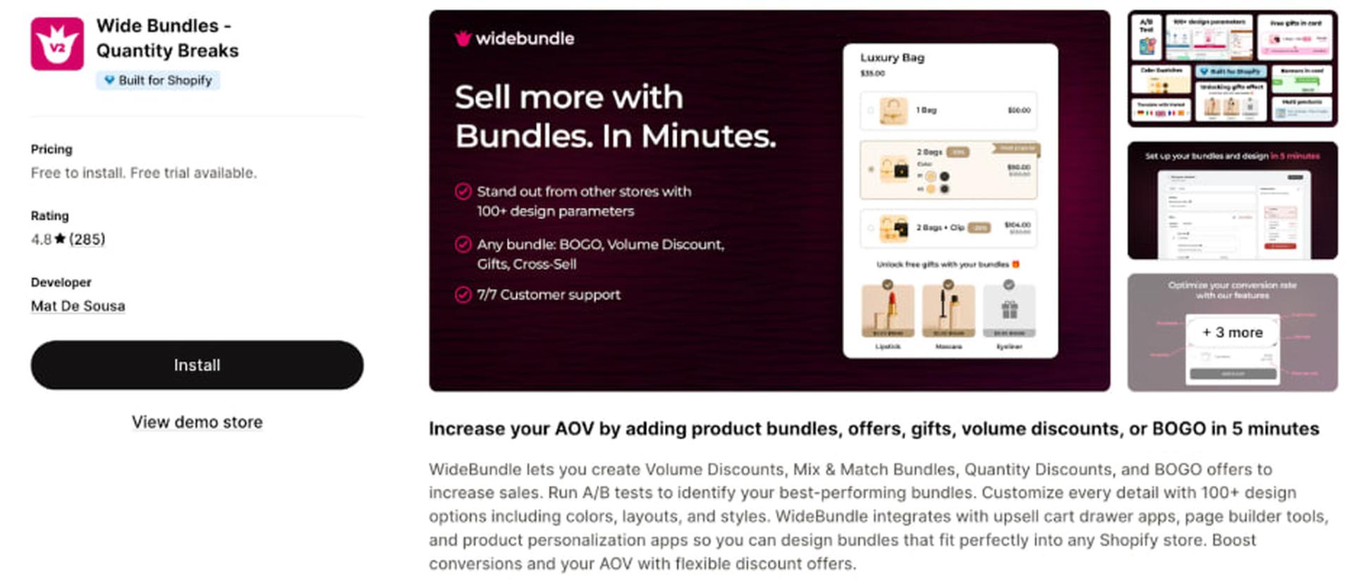 Screenshot of Wide Bundles app on Shopify. Features include custom bundles, discounts, and cross-sell options. App has a 4.8 rating from 285 reviews.