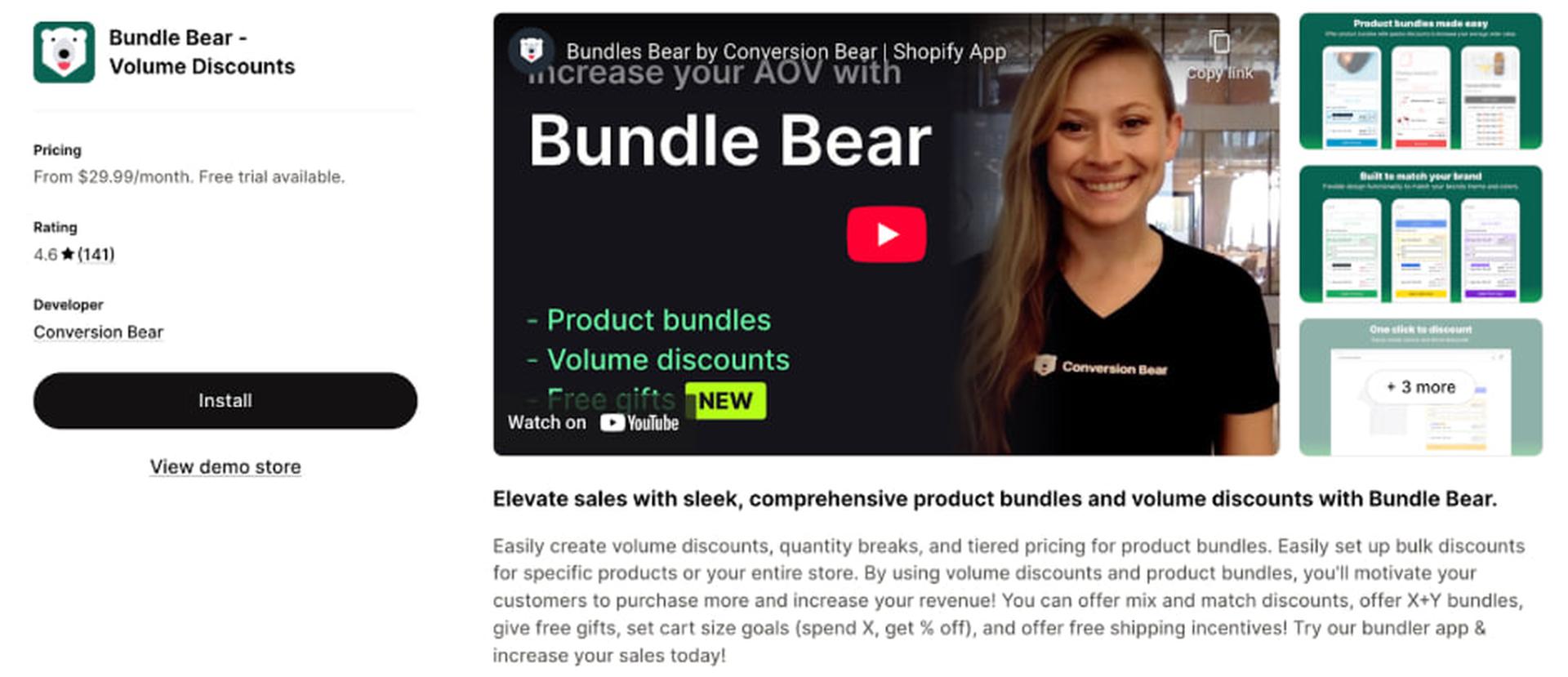 Interface of Shopify app "Bundle Bear" with product bundles and features, featuring a smiling person and app screenshots.