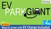 Green background with "EV PARK GIANT" text; a car icon with a plug. Text below: "Meet & Greet with EV Charge Included." Featured in Autocar.