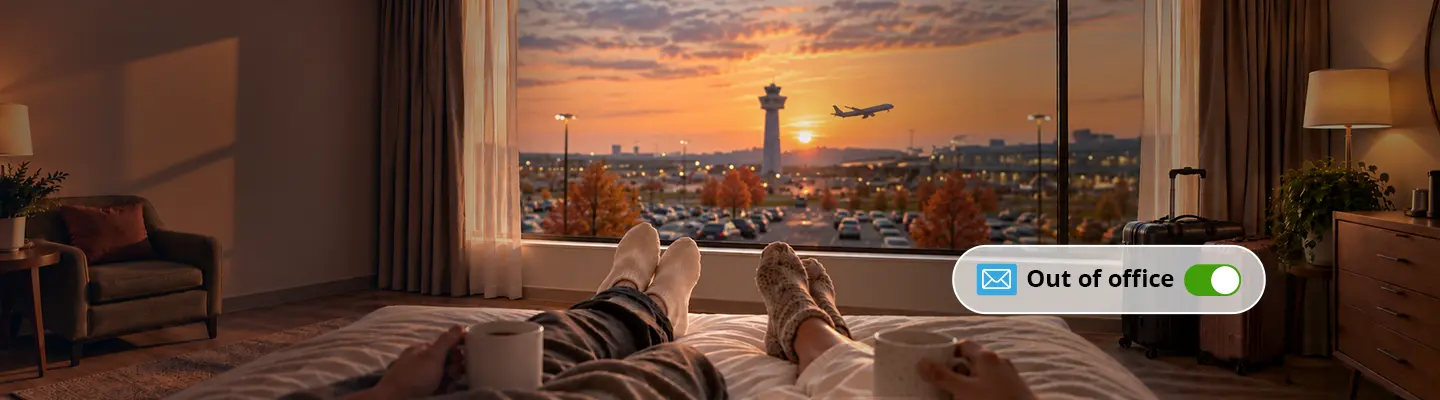 Two people relax on a bed, holding mugs, watching a plane take off at sunset through a large window. "Out of office" status is shown digitally.
