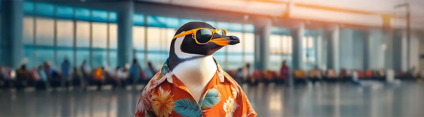 A penguin wearing sunglasses and a Hawaiian shirt stands in an airport terminal, exuding a cool, vacation-ready vibe.