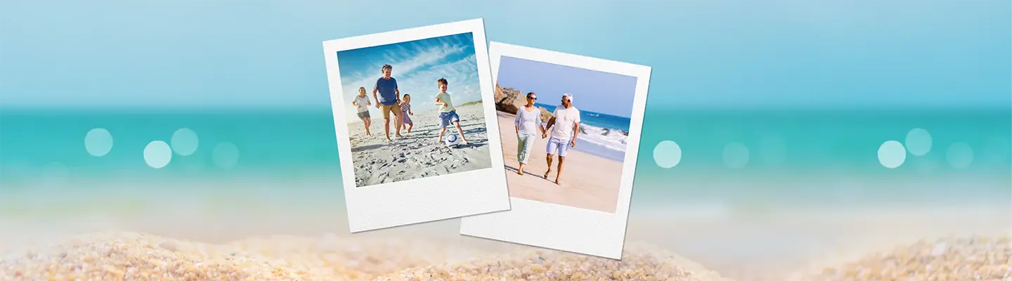 Two polaroid photos on a sandy beach background: one shows a family with a child, the other a couple walking by the ocean.
