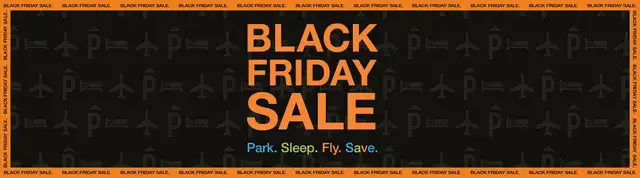 Black Friday Sale banner with text "Park. Sleep. Fly. Save." on a black background with orange borders and travel icons.