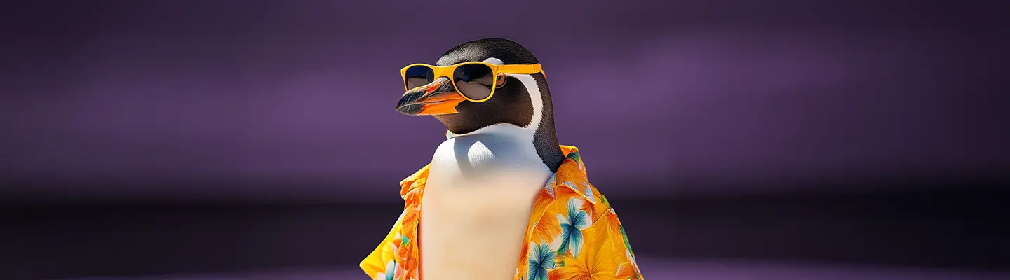 A penguin wearing yellow sunglasses and a bright Hawaiian shirt against a purple background, exuding a playful, summer vibe.