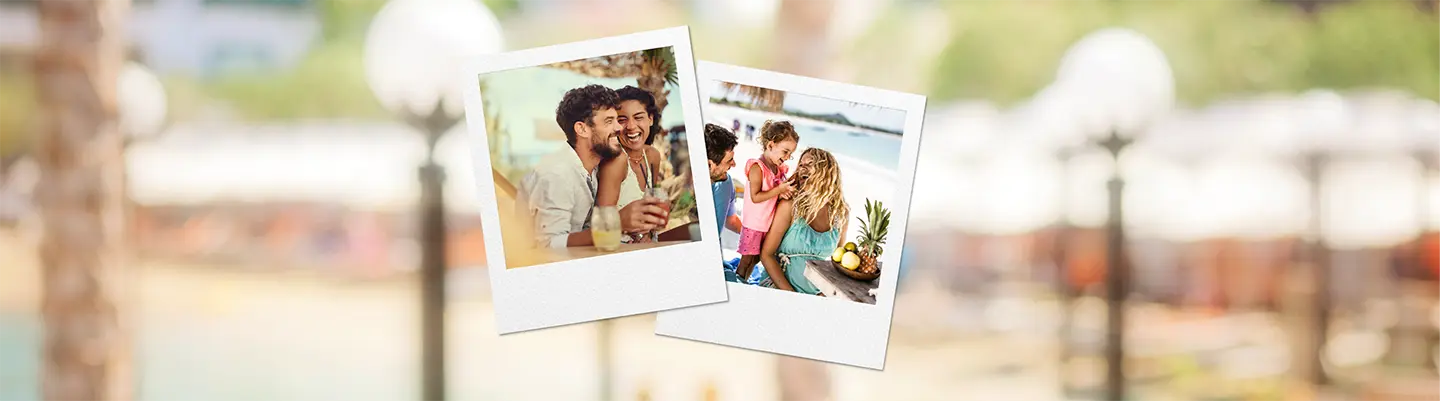 Two Polaroid photos overlaid on a blurred beach scene; one shows a smiling couple, the other a group enjoying drinks with a pineapple centerpiece.