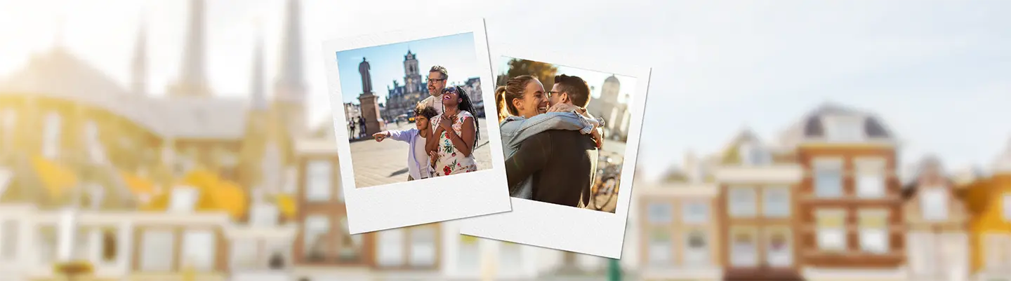 Two polaroid photos of happy people enjoying a cityscape with historical buildings and a blurred background.