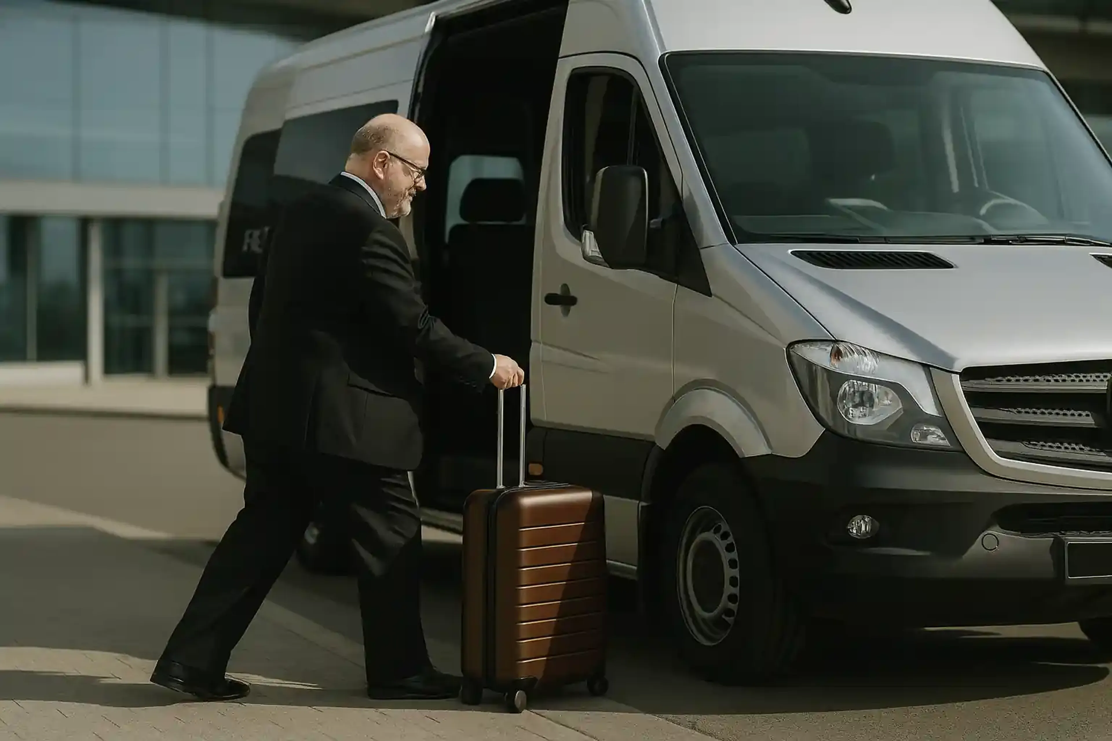 A man with a backpack and suitcase boarding a black passenger van