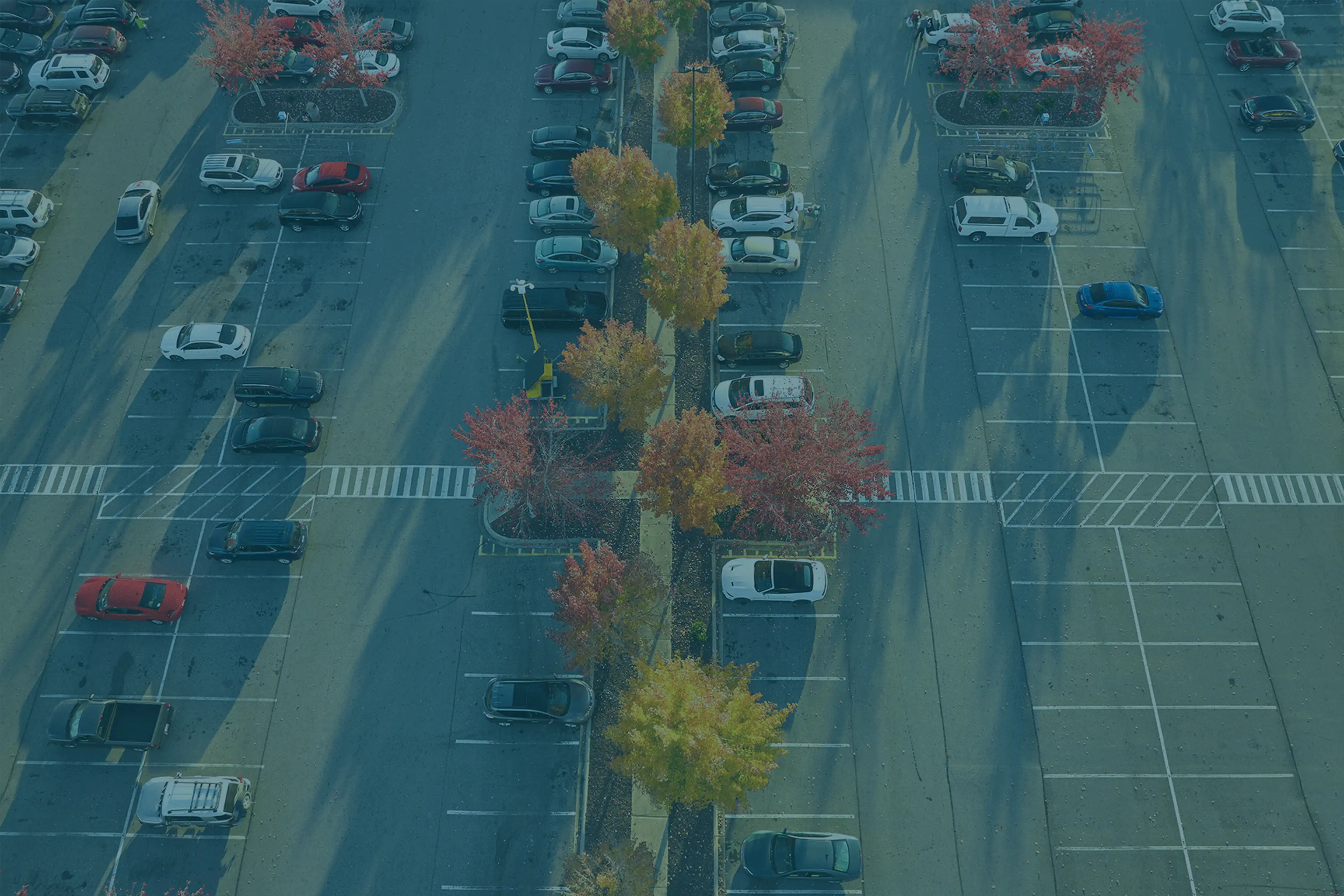 aerial view of car park with colourful trees and cars parked
