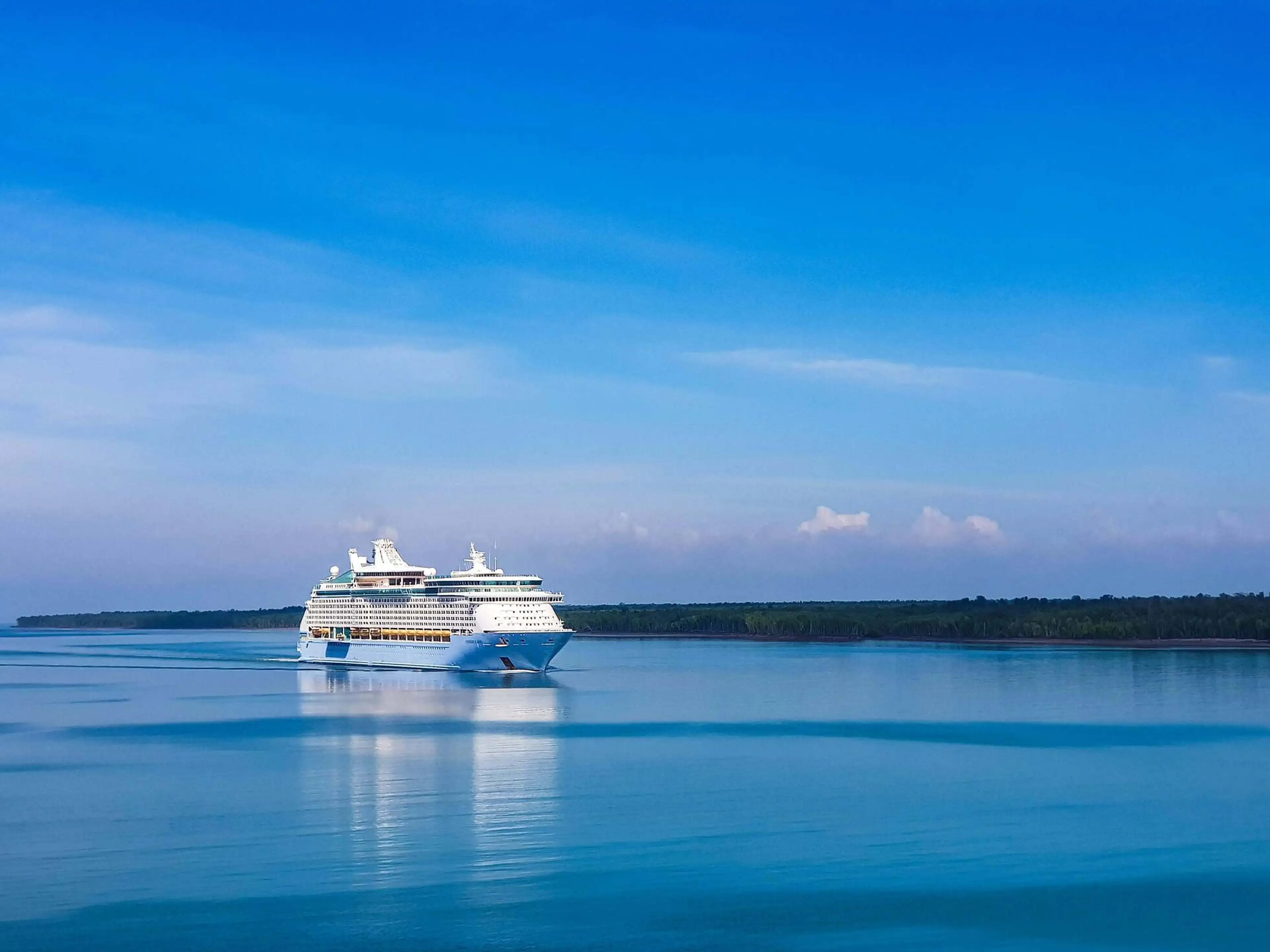 A large cruise ship sails on calm blue waters under a clear sky, with a distant shoreline visible on the horizon.
