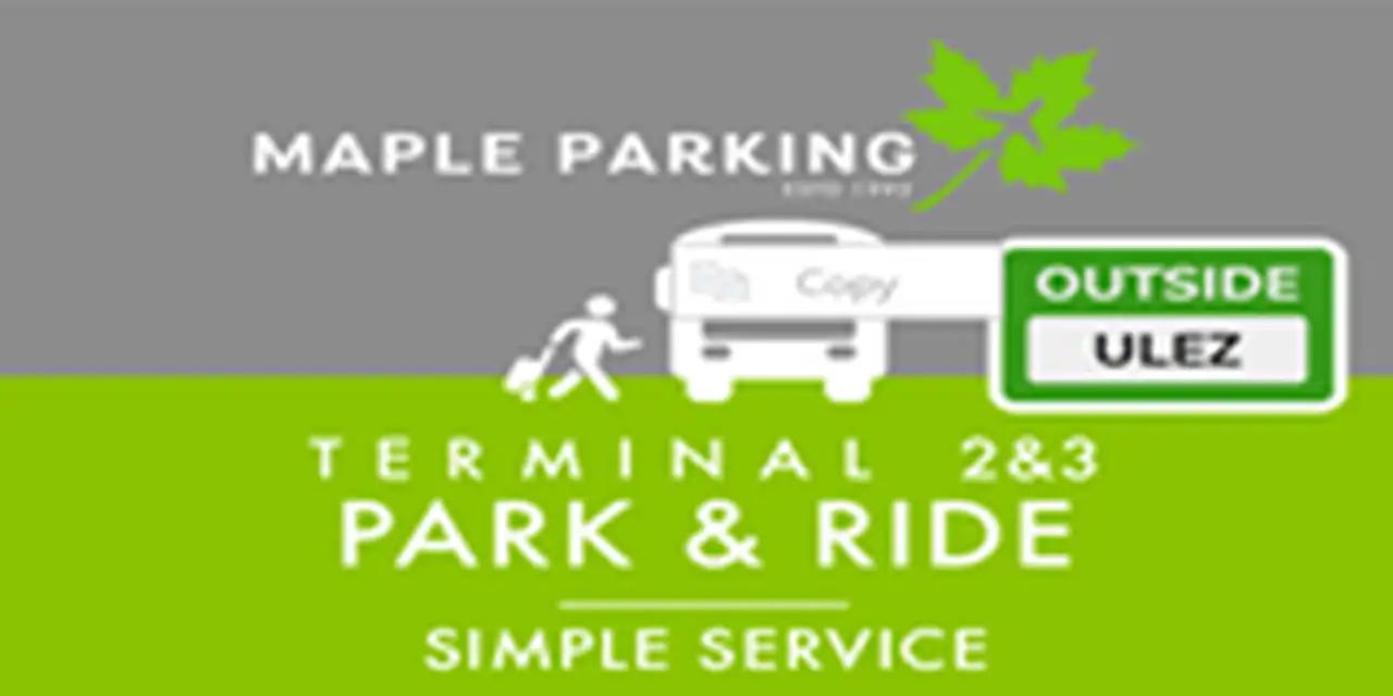 Maple Parking logo showing park and ride service for Terminal 2 & 3, featuring a bus and a sign indicating "Outside ULEZ."