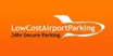 Orange background with a white airplane logo and text reading, "LowCostAirportParking 24hr Secure Parking."