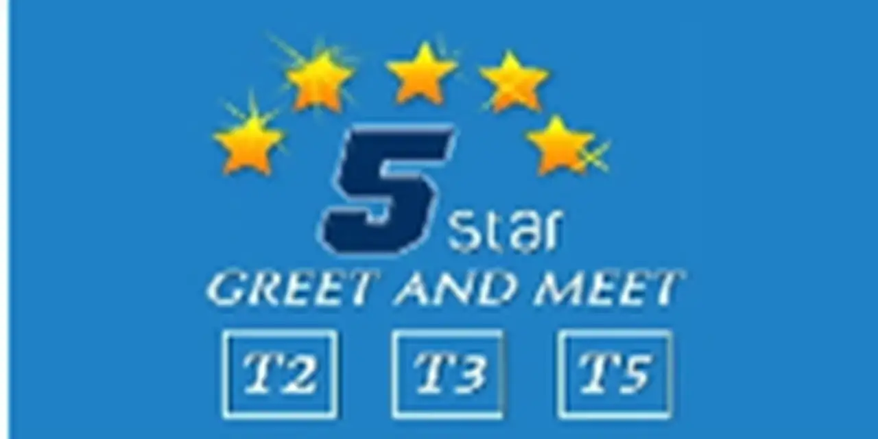 Blue logo with five stars above bold '5 Star' text, and 'Greet and Meet' below, followed by boxes labeled T2, T3, and T5.