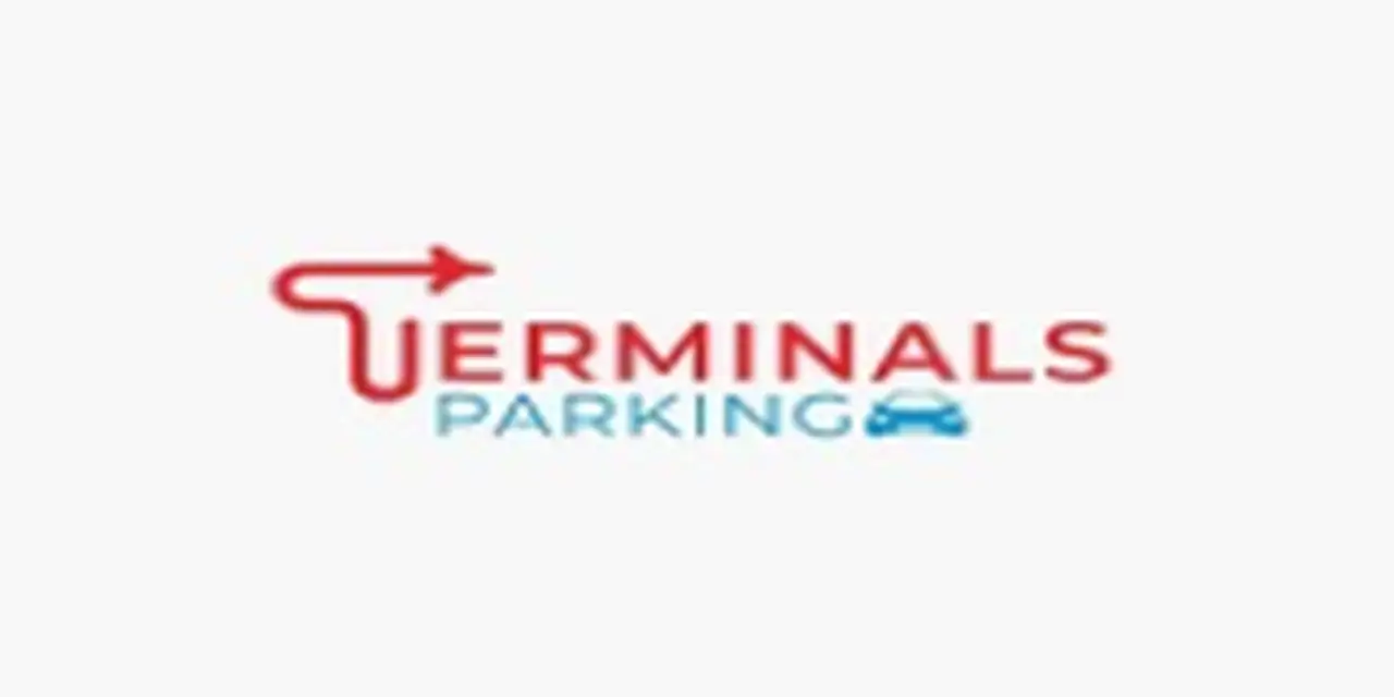 Logo with the word "Terminals" in red incorporating a plane, "Parking" in blue with a car icon on a white background.