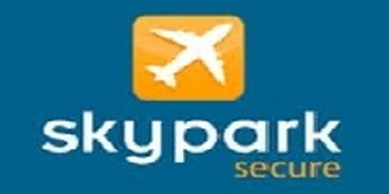 Logo with a yellow square featuring a white airplane silhouette above the text "skypark secure" on a blue background.