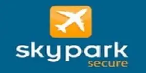 Logo with a yellow square featuring a white airplane silhouette above the text "skypark secure" on a blue background.