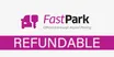 FastPark logo with slogan "Official Edinburgh Airport Parking" and a bold pink "REFUNDABLE" banner below.
