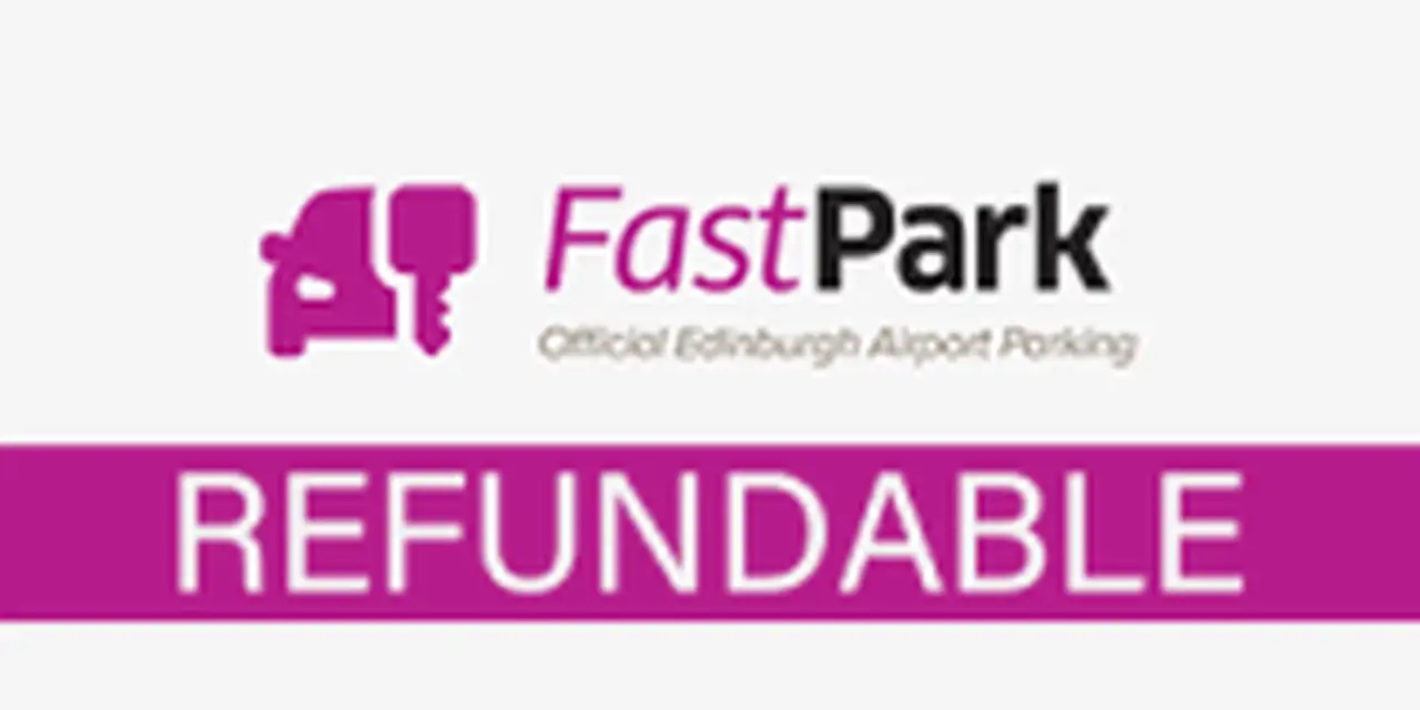 FastPark logo with slogan "Official Edinburgh Airport Parking" and a bold pink "REFUNDABLE" banner below.