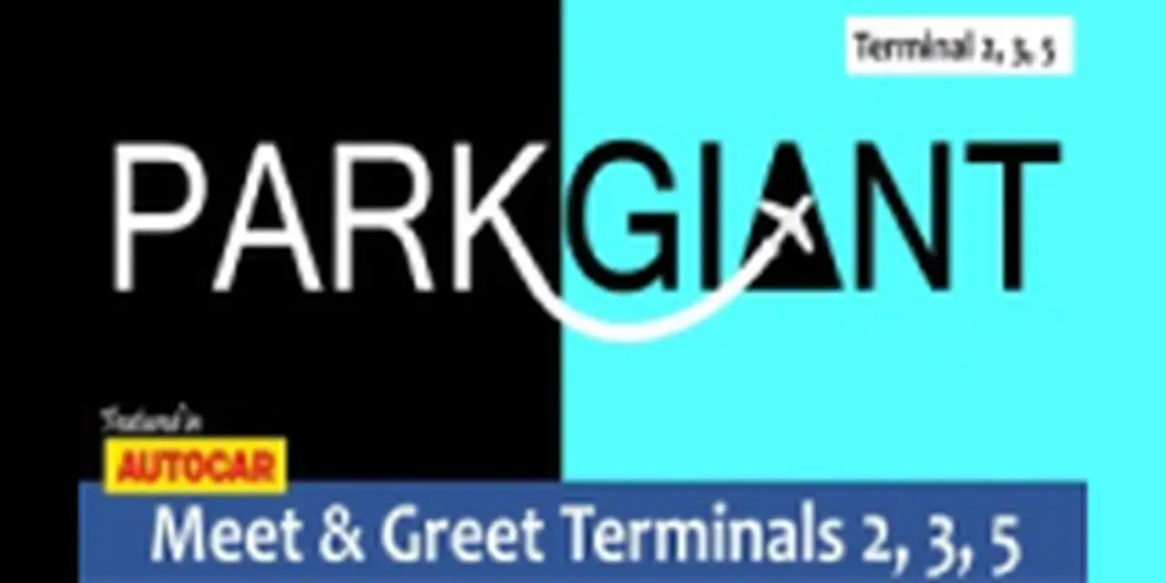 Logo for "Park Giant". Text: "Meet & Greet Terminals 2, 3, 5" and "Today's Autocar" in a red and yellow box.