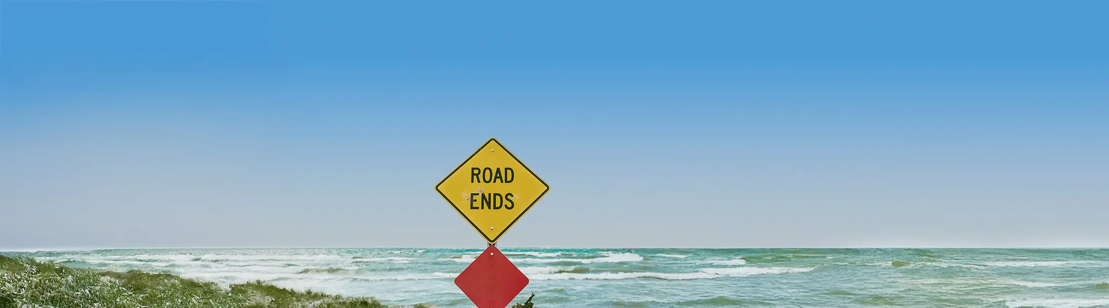 A "Road Ends" sign stands against a clear blue sky by the ocean, with waves visible in the background and grass in the foreground.