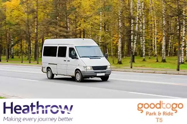 Transfer van driving down a road with trees and the Heathrow and Good to Go logo is at the bottom
