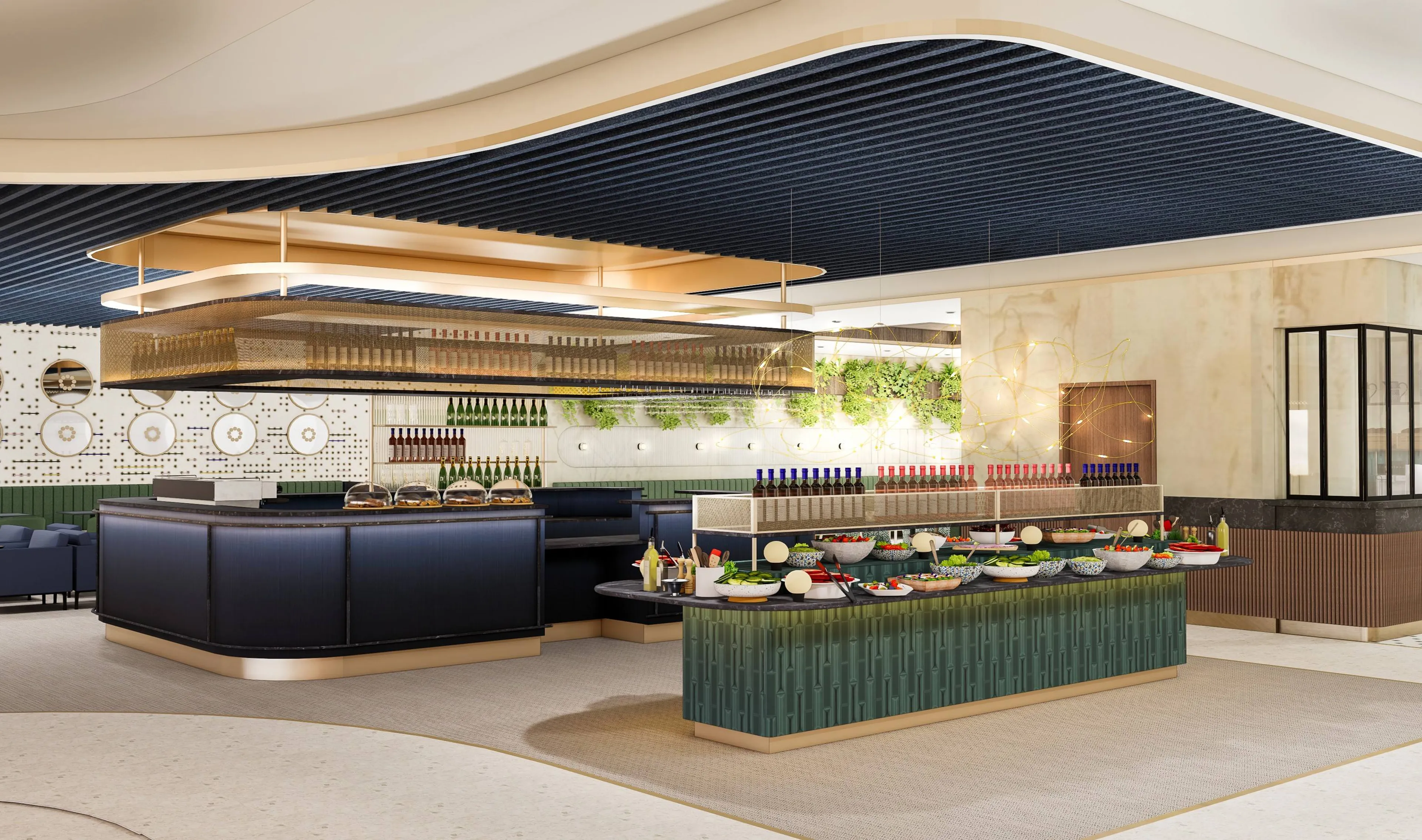 Modern buffet setup with an array of colorful dishes, bottles, and elegant decor under a stylish ceiling design.
