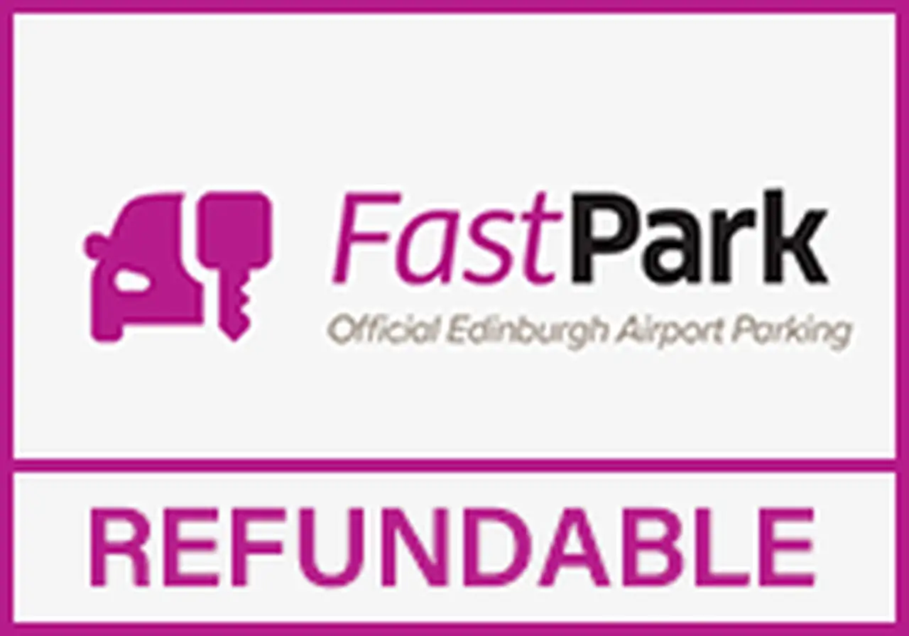 Edinburgh Airport Fast Park logo with refundable banner at the bottom